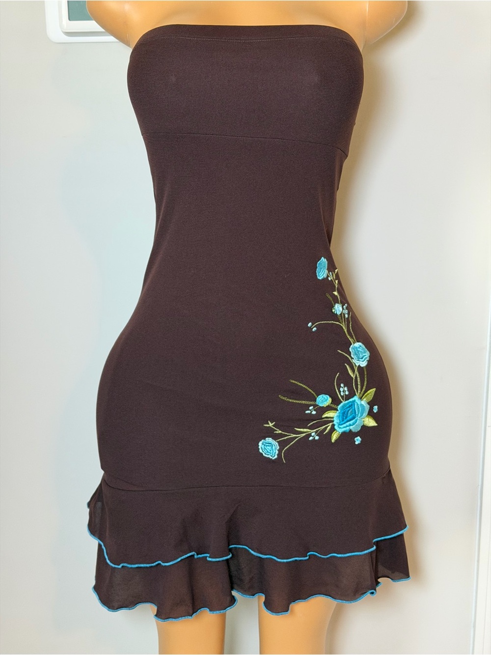 My Michelle Strapless Dress with Turquoise Floral Embroidery